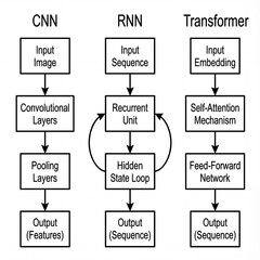Diagram comparing CNN, RNN, and Transformer architectures in AI  