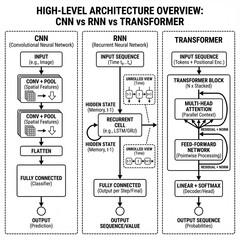 High-level architecture comparison of CNN, RNN, and Transformer models  