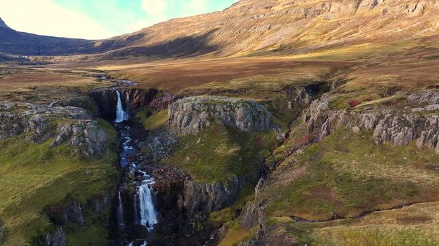 Aerial view of the Vestdalsfossar falls at Seydisfjordur fjord - Iceland