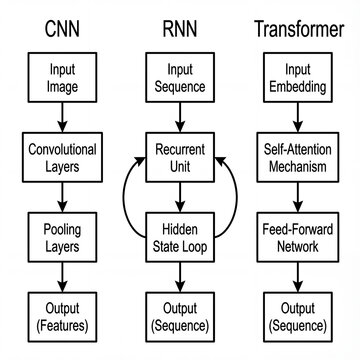 Diagram comparing CNN, RNN, and Transformer architectures in AI  