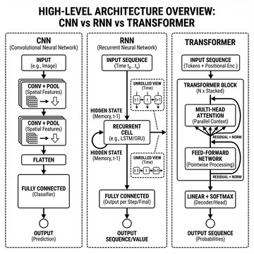 High-level architecture comparison of CNN, RNN, and Transformer models  