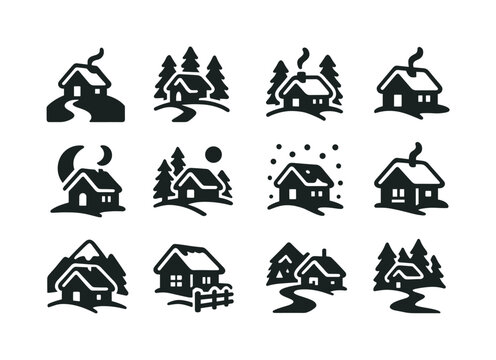 Snowy Cabin Icon Set. Snowy cabin scenes. Solid icon set of Snowy cabin scenes: cabin on hill, snow trail, snowy trees, snowy roof, smoke trail from chimney,