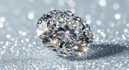 Sparkling brilliant cut diamond gemstone resting on a shimmering silver glitter surface with bright light reflections and bokeh effect