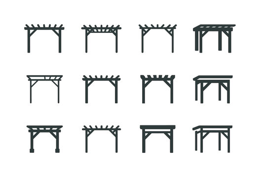 Urban Regeneration Icons. Landscape architecture for urban regeneration. Icon set. Set Logo of Landscape architecture for urban regeneration: pergola frame.