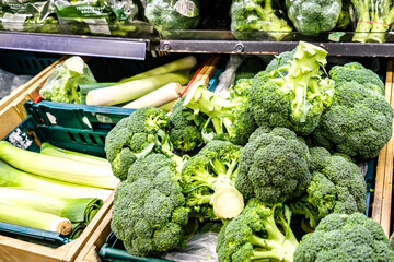 Pile Of Fresh Brocolli And Leeks Raw Cooking Ingredients