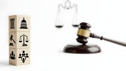 Diverse legal and government icons on stacked wooden blocks