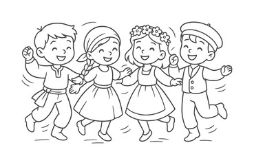 Fototapeta premium Festive Dance Outline. Festive dance children?s coloring book illustration, outlined drawing, a group of smiling characters performing a traditional dance with