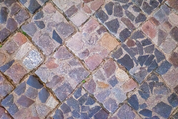 background of a cobblestone pavement with a textured, mosaic-like pattern in varying shades of gray, purple, and brown.