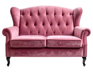 Dust Pink Velvet Sofa with Curved Backrest, Front View, Isolated on Transparent Background