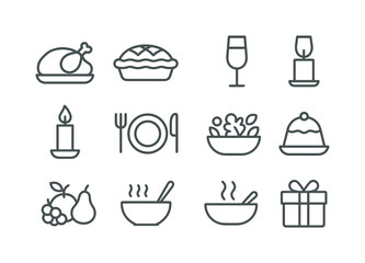 Festive Meal Icons. Festive meals. Line icon set of Festive meals: turkey, pie, bread loaf, champagne glass, candle, plate, knife and fork, salad bowl,