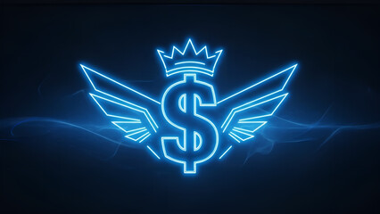 Vibrant neon dollar sign emblem with majestic wings and a regal crown, glowing brilliantly against a dark backdrop