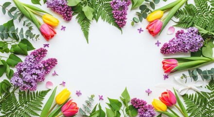 Vibrant spring floral border with purple lilac flowers red and yellow tulips and green fern leaves framing a central white copy space