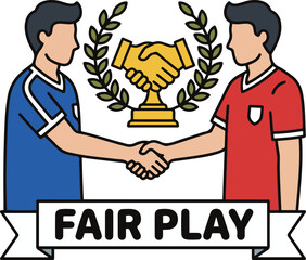 Fair play concept featuring two soccer players shaking hands, accompanied by a handshake trophy with a laurel wreath and a text banner, vector illustration.