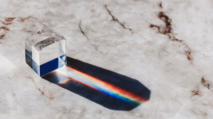 Clear Glass Cube Prism Refracting Light Creating Rainbow Spectrum Shadow on White Marble Surface