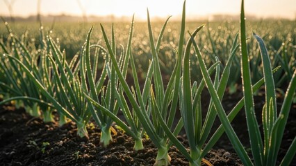Green onion plants growing in a field during sunrise.