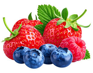 Fresh Ripe Mixed Berries with Stems and Leaves, Side View, Isolated on Transparent Background
