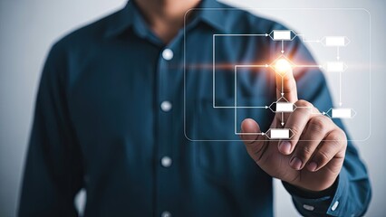 Businessman Touching Virtual Screen with Glowing Data Flow and Digital Interface.