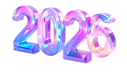 Holographic, iridescent "2026" text against black, showcasing a futuristic design