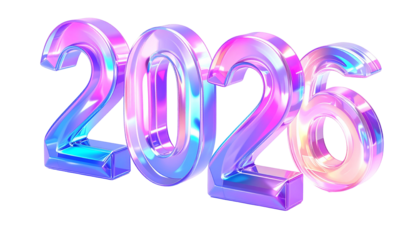 Holographic, iridescent "2026" text against black, showcasing a futuristic design