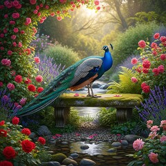 Majestic male bird with brilliant plumage rests upon a moss-covered garden bench beside flowing water