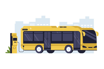 Illustration of Modern Electric Powered City Bus for Sustainable Public Transportation. Illustration of a modern electric bus with a charging plug icon, representing eco-friendly urban transit