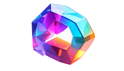 Abstract iridescent geometric gemstone against a black backdrop