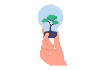 Illustration of Sustainable Energy Concept with Green Tree Growing Inside Glass Light Bulb. A creative illustration representing eco-friendly energy and environmental conservation