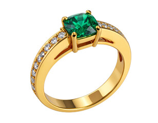 Gold Wedding Ring Set with Diamonds and Emeralds, 34 View, Isolated on Transparent Background