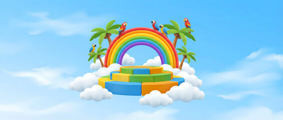 3d kids rainbow, platform, tropical palms, parrots and blue sky, copy space.