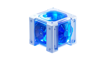 Futuristic cube with glowing blue fans and internal lights