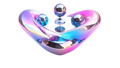 Abstract, iridescent sculpture with spheres on black