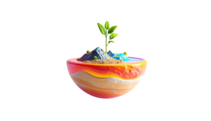 Cross-section of a miniature island with colorful layers, plants