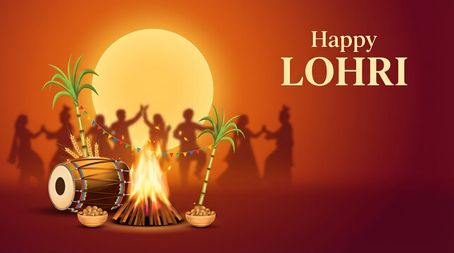 Beautiful happy lohri festival background with large full moon sugarcane arch dhol and bonfire with dancing people silhouettes in traditional punjabi winter celebration holiday scene - Powered by Adobe