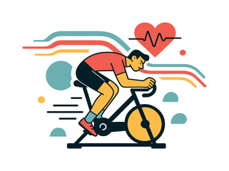 Fototapeta premium Dynamic Cycling Performance. Cycling power. A cyclist pedals hard on a stationary bike with digital speed trails and heart rate graphics pulsing above. Modern