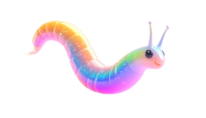 A whimsical cartoon worm glows with rainbow and iridescent colors