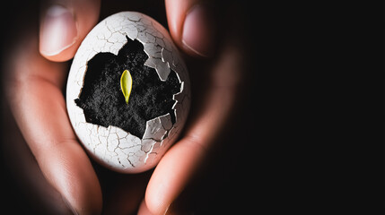 Fragile Beginning: Hand Protecting a Seedling Growing Out of a Cracked Eggshell