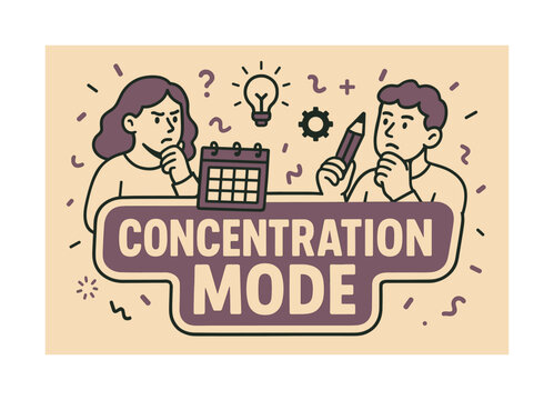 Focused Planning Banner. Concentration mode banner, flat vector illustration, bold oversized text inside sticker outline, cartoon characters thinking deeply,