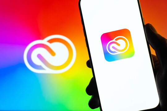 Adobe creative cloud logo is displayed on the screen of a smartphone, in Bangalore, India, on January 06, 2026