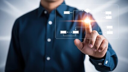 Businessman Interacting with Digital Workflow Diagram on Virtual Screen.