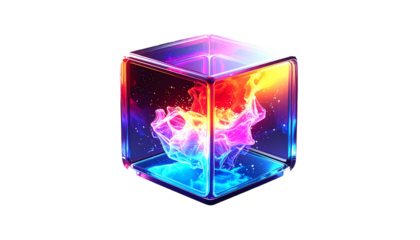 A glowing, stylized translucent cube containing abstract fiery forms