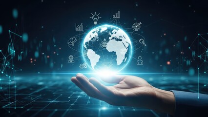 Hand holding glowing Earth globe with digital network connections.
