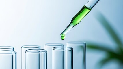 Green liquid dropping from a pipette into a test tube, symbolizing scientific research and laboratory experiments.