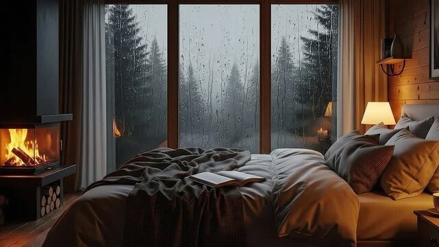 Cozy bedroom interior with glowing fireplace overlooking a rainy forest view through the panoramic window, perfect for a relaxing winter escape or luxury retreat background loop.