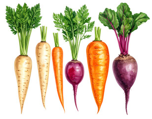 Fresh Root Vegetables Parsnips, Carrots, and Beets with Green Tops, Transparent Background