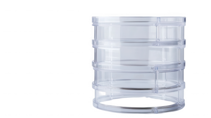 Clear acrylic multi-compartment rotating storage organizer with three tiers and dividers for efficient organization on transparent background. on transparent background