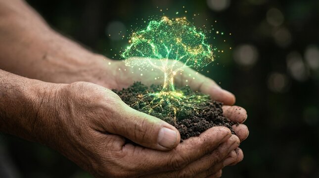 Real hand holding soil with a glowing illustrative digital tree growing from it