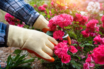 Gloved hands using sharp garden secateurs to prune lush blooming roses in a beautiful flower garden