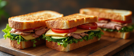 Gourmet sandwiches laid out on a simple wooden table