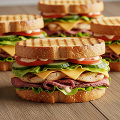 Gourmet sandwiches laid out on a simple wooden table