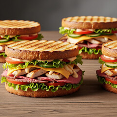Gourmet sandwiches laid out on a simple wooden table